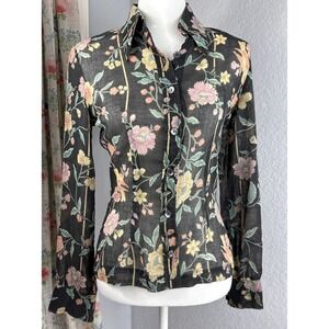 Vtg Boho Floral Birds Blouse Top Button Down Shirt Goth Sz S